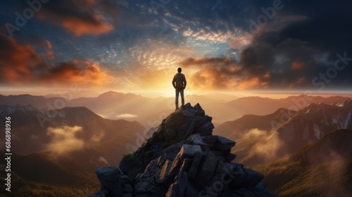 A person standing on top of a mountain at sunset. AI generated.