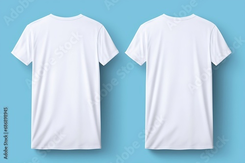 The front and back sides of the white T-shirt isolated on a blue background.