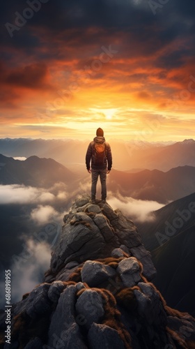 A person standing on top of a mountain at sunset. AI generated. © vadymstock