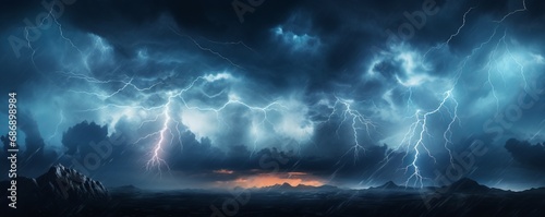 A stormy sky with multiple cloud to ground lightning strikes. AI generated.