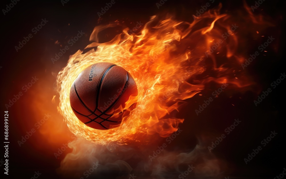 Fototapeta premium Fiery basketball ball flying into the basket, black background