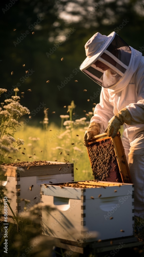 Beekeeper at the apiary bees country. AI generated. Beekeeper at the apiary bees country. AI generated.