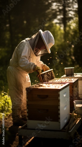 Beekeeper at the apiary bees country. AI generated.