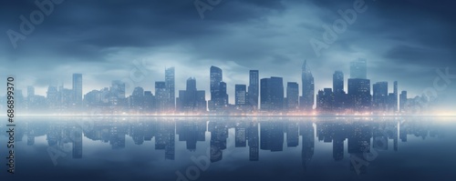 Cityscape in the fog. City background with urban skyline. AI generated.