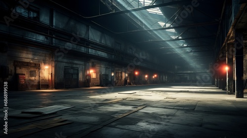 Evoking an Ambiance of Empty Warehouse with Dramatic Lighting. © vadymstock