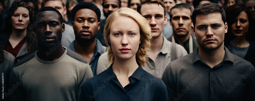 Group of people standing in the street with focus on woman looking at camera. AI generated.