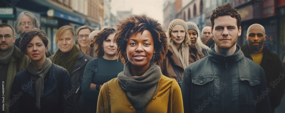 Group of people standing in the street with focus on woman looking at camera. AI generated. - obrazy, fototapety, plakaty 