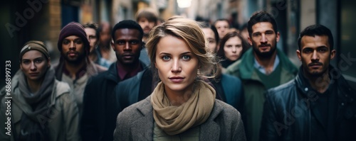 Group of people standing in the street with focus on woman looking at camera. AI generated. photo