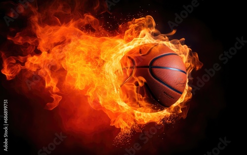 Fiery basketball ball flying into the basket, black background © piai