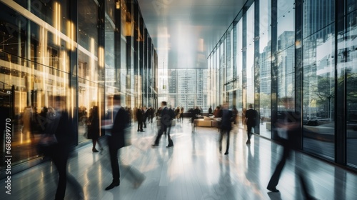 Crowd of business people walking in bright office lobby fast moving business people in bright office lobby with blurry. Long exposure shot.