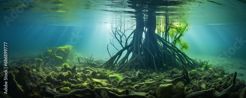 Mangrove tree and roots under water surface green foliage. AI generated. photo