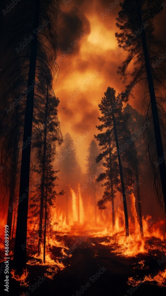 Photo of out of control forest fire. AI generated.