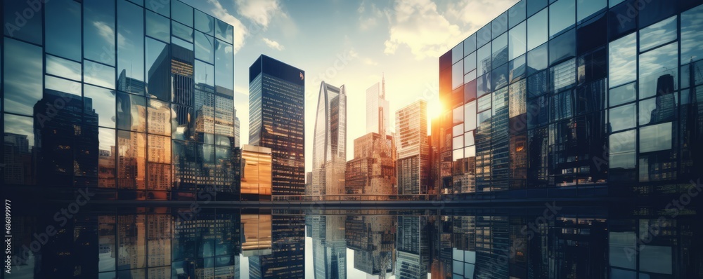 Bottom up view of big modern city urban landscape. Reflective skyscraper business office buildings. AI generated. Bottom up view of big modern city urban landscape. Reflective skyscraper business office buildings. AI generated.