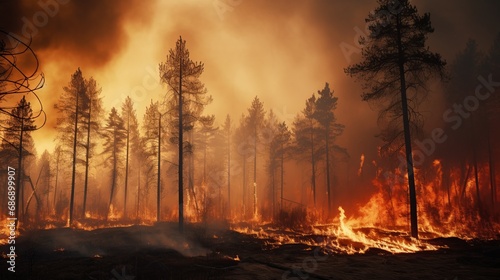 Photo of out of control forest fire. AI generated.