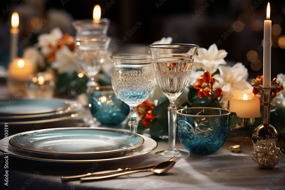 Dinner table with a light blue, gold aesthetic, plate set with blue glasses, wine glasses, white candles, flowers. Blurred candles and decorations on a dark blurred background.