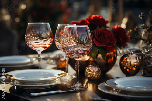 Elegant date table with white plates  wine glasses  green pot with red roses  and mood lights on a silver color surface and a blurred cafe in the background. Copy space.