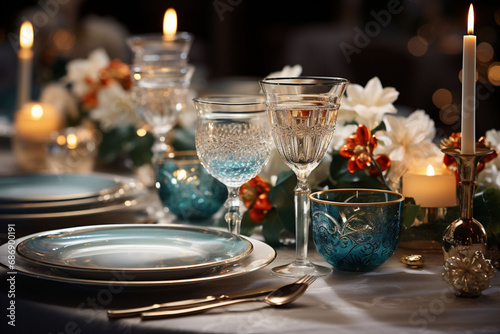 Dinner table with a light blue  gold aesthetic  plate set with blue glasses  wine glasses  white candles  flowers. Blurred candles and decorations on a dark blurred background.