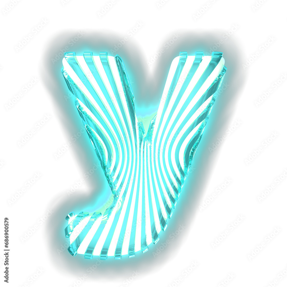 White symbol with ultra thin turquoise luminous vertical straps. letter y White symbol with ultra thin turquoise luminous vertical straps. letter y
