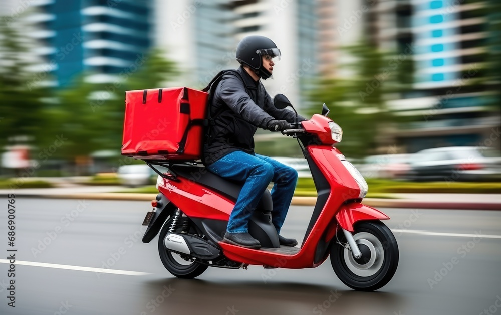 Food delivery man courier using on a scooter with a cube-shaped delivery bag moving fast to deliver address in the city Food delivery man courier using on a scooter with a cube-shaped delivery bag moving fast to deliver address in the city