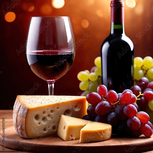 Elegant luxury arrangement of red wine, grapes, and cheese