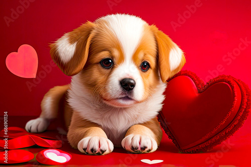 Cute puppy on a red background with hearts. With space for text. Valentines day postcards. Generative AI