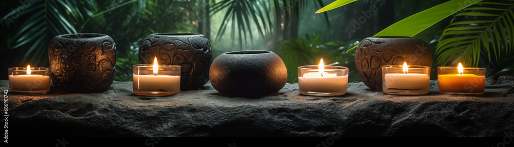 Aroma candles on stones and pots composition set in jungle, luxury design for spa hotel, beauty wellness, Thai salon. Mystical candles. Forest background. Exotic massage oils treatment banner, border - obrazy, fototapety, plakaty 