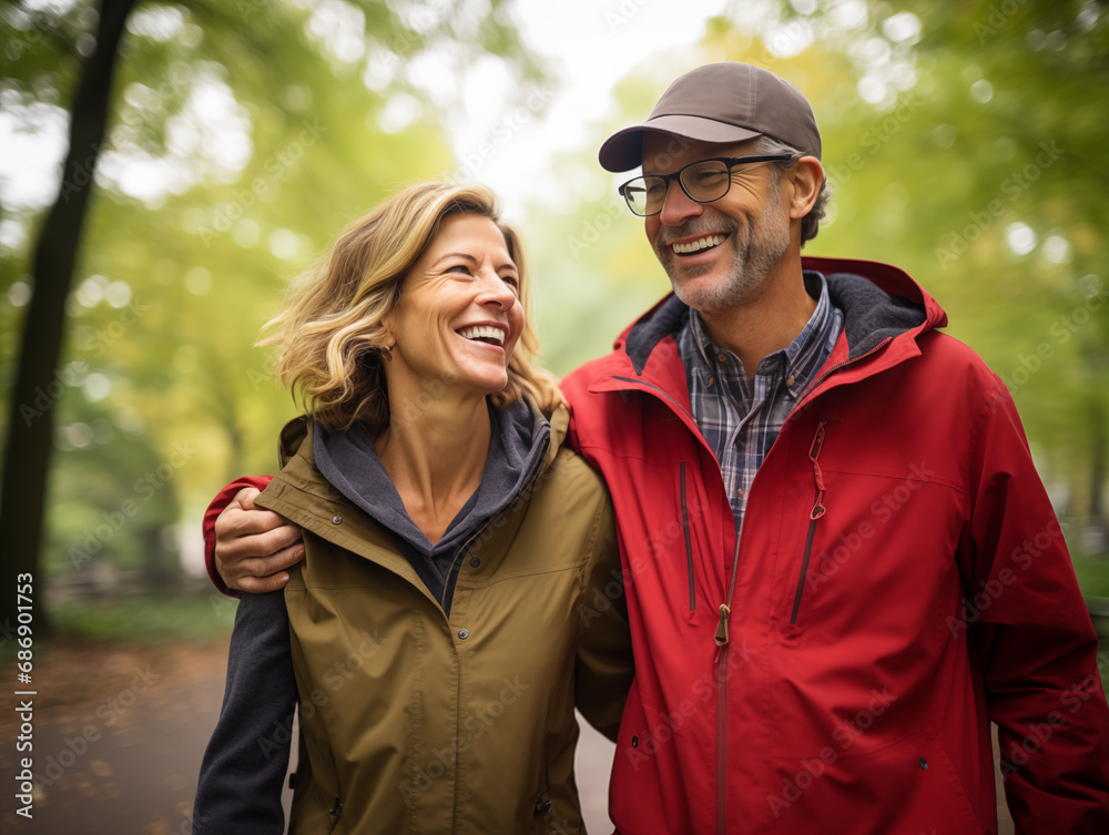 Middle-aged couple smiling and enjoying life, walking in the park Middle-aged couple smiling and enjoying life, walking in the park