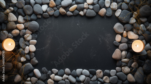 Aroma candles and stones frame, luxury design for spa hotel, beauty wellness, Thai salon. Mystical candles lit. Flat lay. Dark background. Exotic hot stone massage banner with copy space