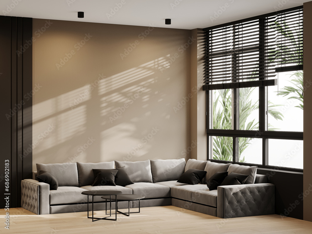 Fototapeta premium Luxury living room in tan nude beige color. Brown and gray black taupe accents of the interior design room. Mockup empty painting wall. Large sofa in lounge area or hotel, office hall. 3d rendering 