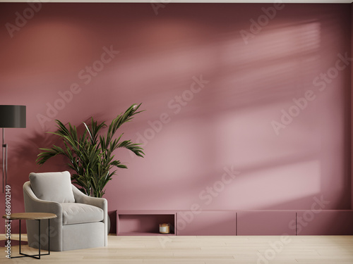 Fototapeta Naklejka Na Ścianę i Meble -  Delicate colorful living room with armchair and cabinets. Pink rose pastel color of empty mockup walls and furniture. for art Girl's room. Mauve painting trend minimal cozy background. 3d rendering 