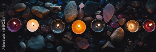 Border with aroma candles and stones composition, luxury design for spa hotel, beauty wellness. Mystical candles lit. Flat lay. Dark background. Exotic hot stone massage treatment banner