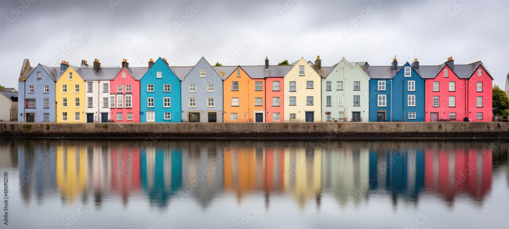 A row of colorful houses next to a body of water. Generative AI.