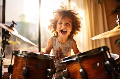 A young child playing drums in a living room. Generative AI. photo