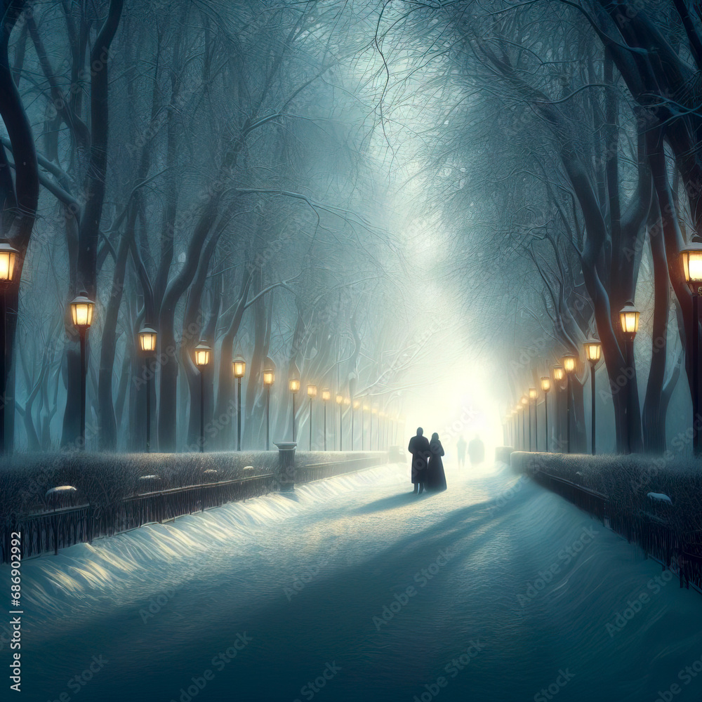 couple, men and women walking along a snowy park alley in the light of lanterns