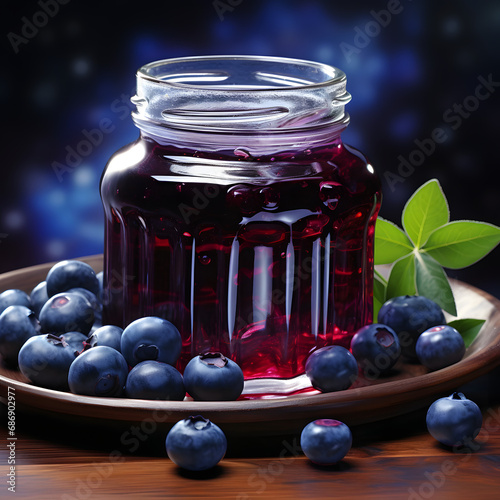 It is a delicious homemade blueberry jam. The fresh blueberries look very delicious. Store in a transparent container. Generative AI