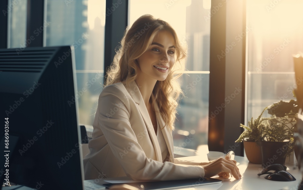 Woman working in the office in sunny daytime Woman working in the office in sunny daytime