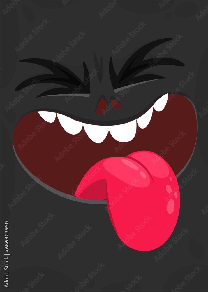 Obraz premium Funny cartoon monster face showing tongue. Illustration of cute and happy monster character