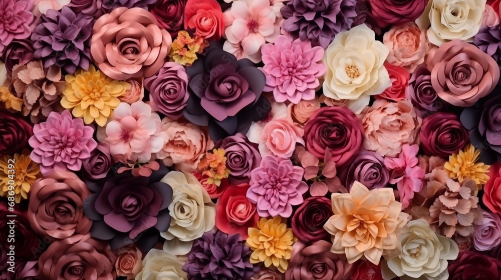 Backdrop of colorful paper roses Backdrop of colorful paper roses