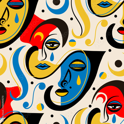 Vibrant strokes of artistry collide in a playful frenzy of colorful faces, surrealism seamless vector pattern. creativity surrealism abstract drawing, people faces graphics
