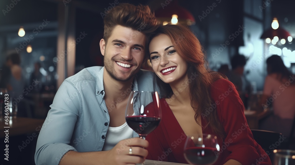A man and a woman sitting at a table with wine glasses