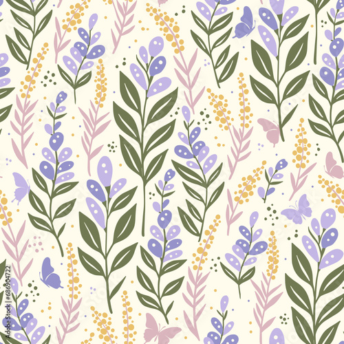 Lavender delicate flower and butterfly motif perfect for adding a touch of wild beauty to any piece of clothes and fabric. Wildflower vector background