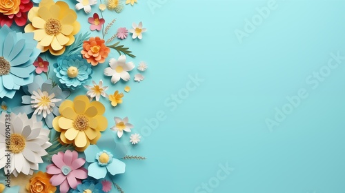 Colourful handmade paper flowers on light blue background with copyspace in the center © mattegg