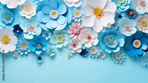 Colourful handmade paper flowers on light blue background with copyspace in the center © mattegg