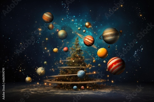 Cosmic Christmas tree with balls against a planet backdrop
