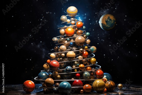Cosmic Christmas tree with balls against a planet backdrop