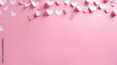 Paper pink hearts fly on soft pink color background, border, copy space. Valentine day concept for design.