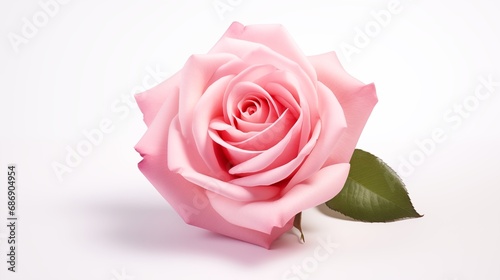 A single pink rose with green leaves on a white background