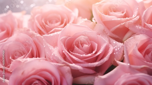 A bunch of pink roses sitting on top of a table