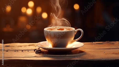 A steaming cup of coffee on a wooden table