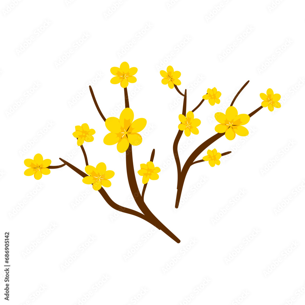 Vector small brightyellow flowers on green stalk floral theme blooming plant element for concept